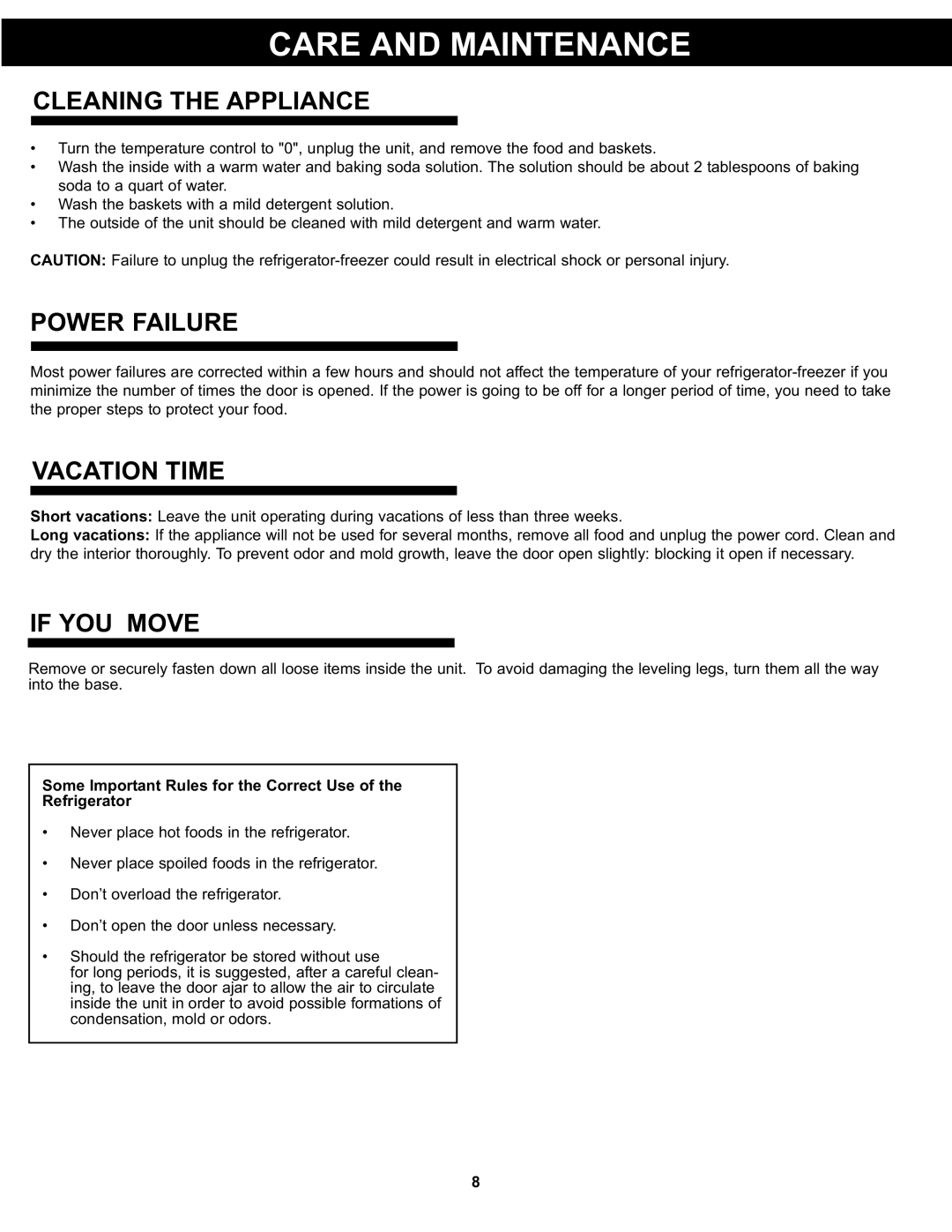 Danby DPF074B1WDB manual Care And Maintenance, CLEANING THE Appliance, Power Failure, Vacation Time, IF YOU Move 